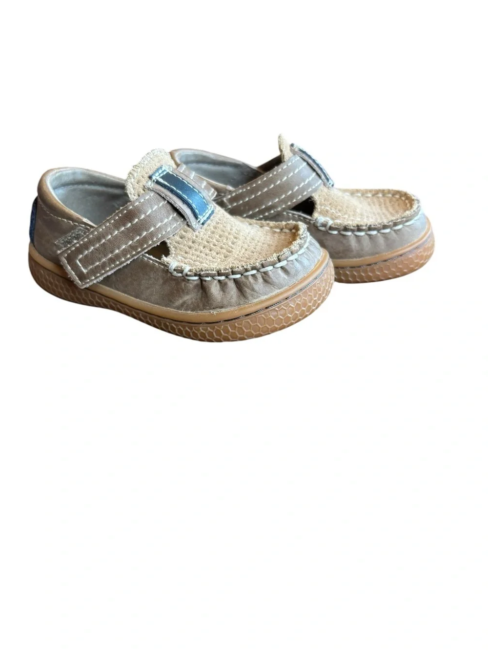 Livie and Luca Toddler Boys Shoes Size 5 Leather Hook and Loop Tan Navy Neutral